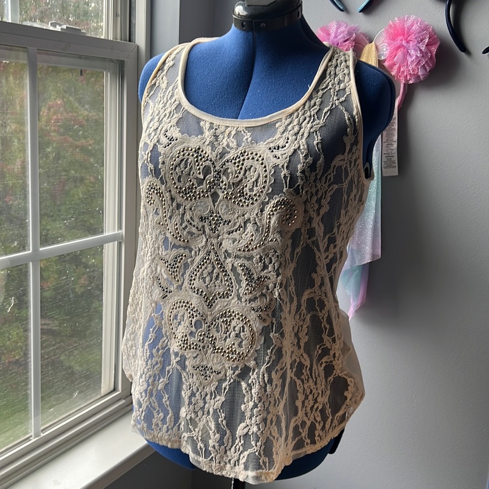 Maurices Womens Beaded Embellished Lace Sleeveless Tank Top Ivory Cream